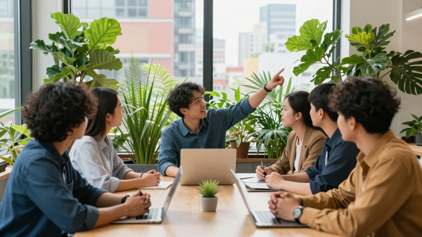 Professionals planning a sustainable future in a bright, green office.