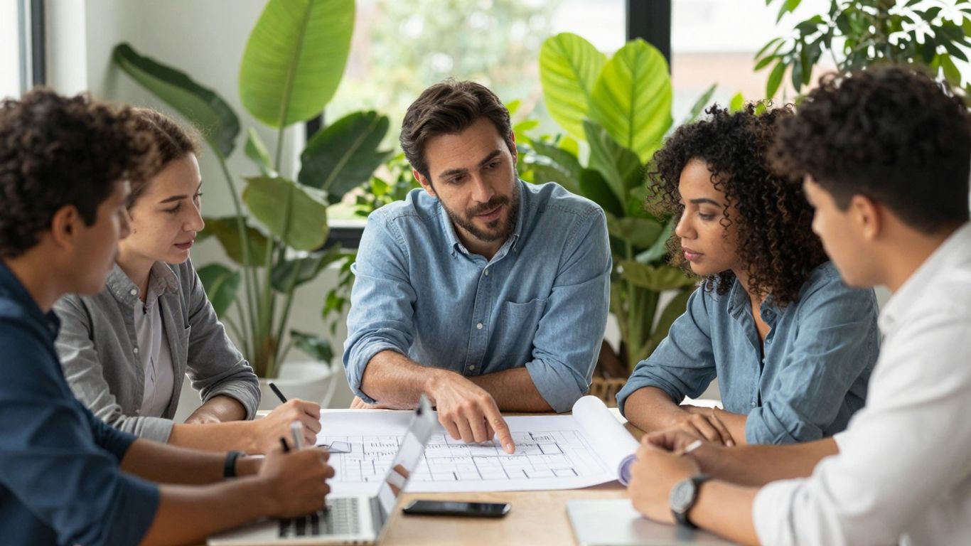 Professionals discussing sustainability in a bright, green office.