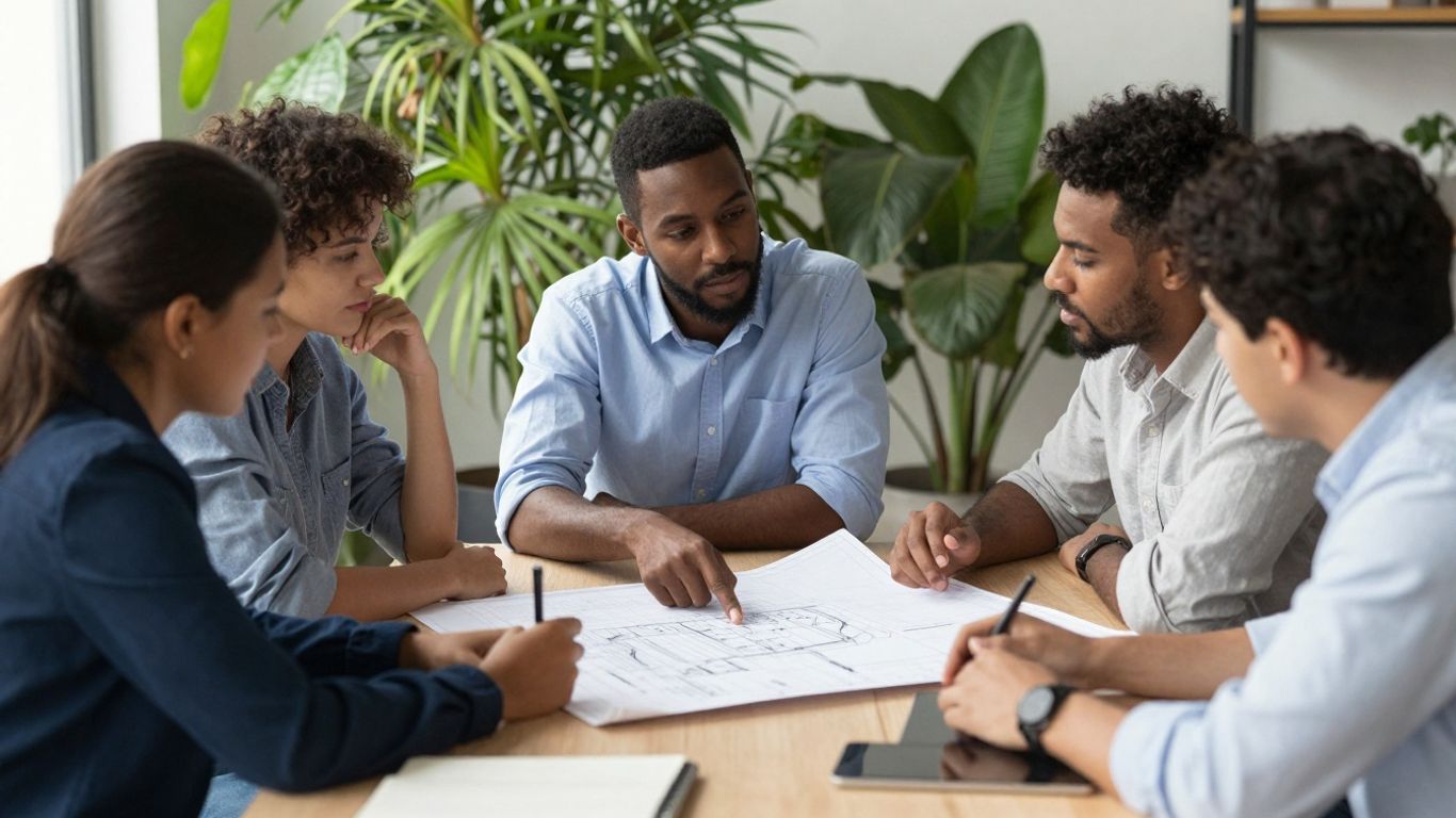 Professionals discussing sustainability in a bright, green office.