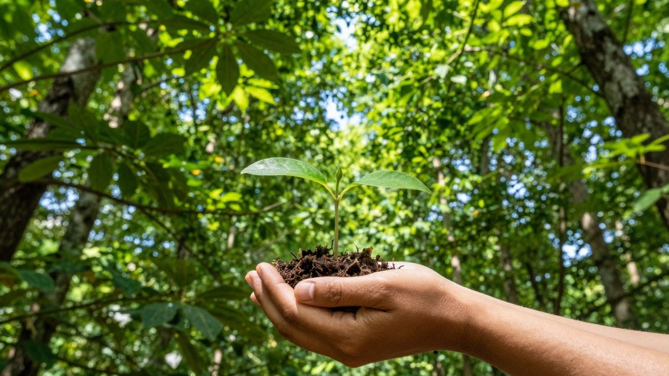 Green forest canopy with sunlight and hands holding seedling.