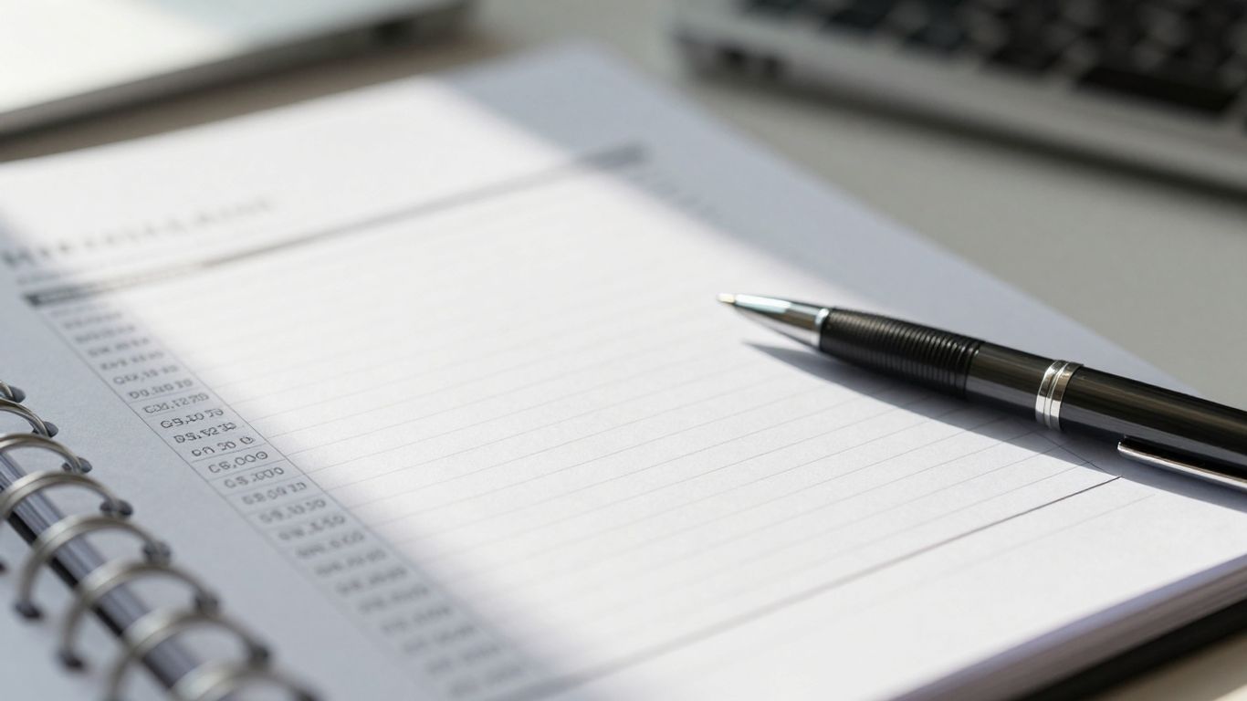 Financial ledger with pen and sunlight.