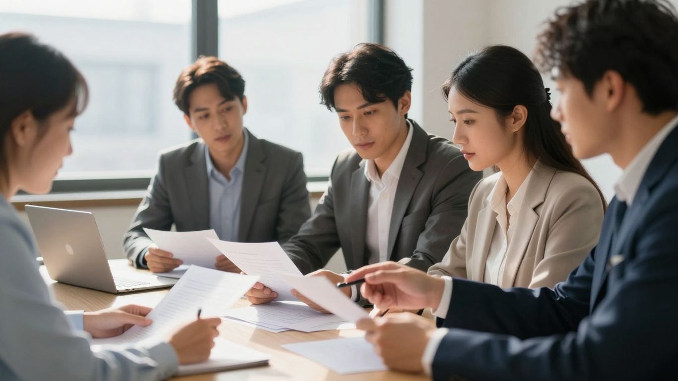 Team discussing financial documents in a modern office.
