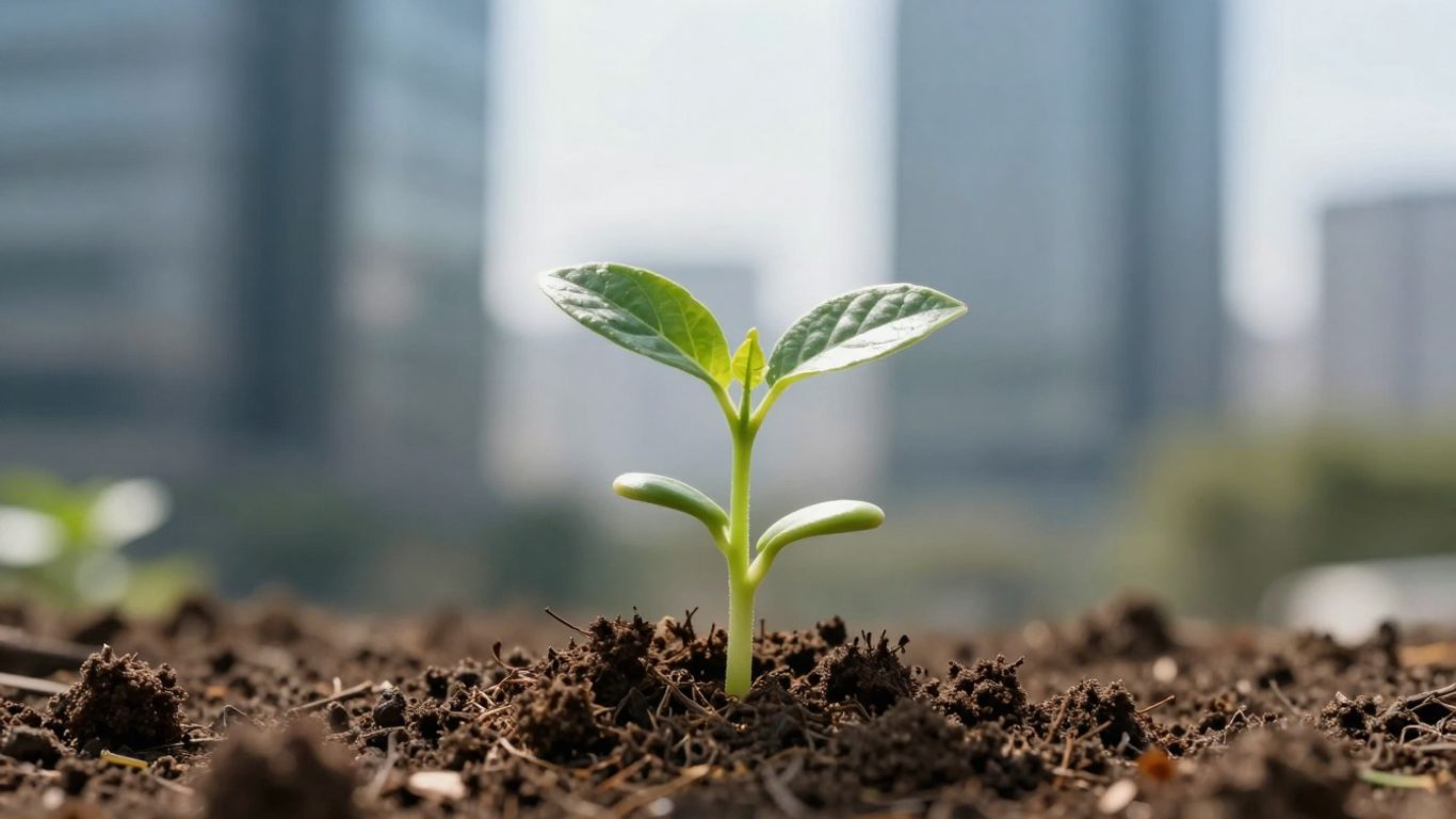 Seedling growing from soil with corporate buildings background.