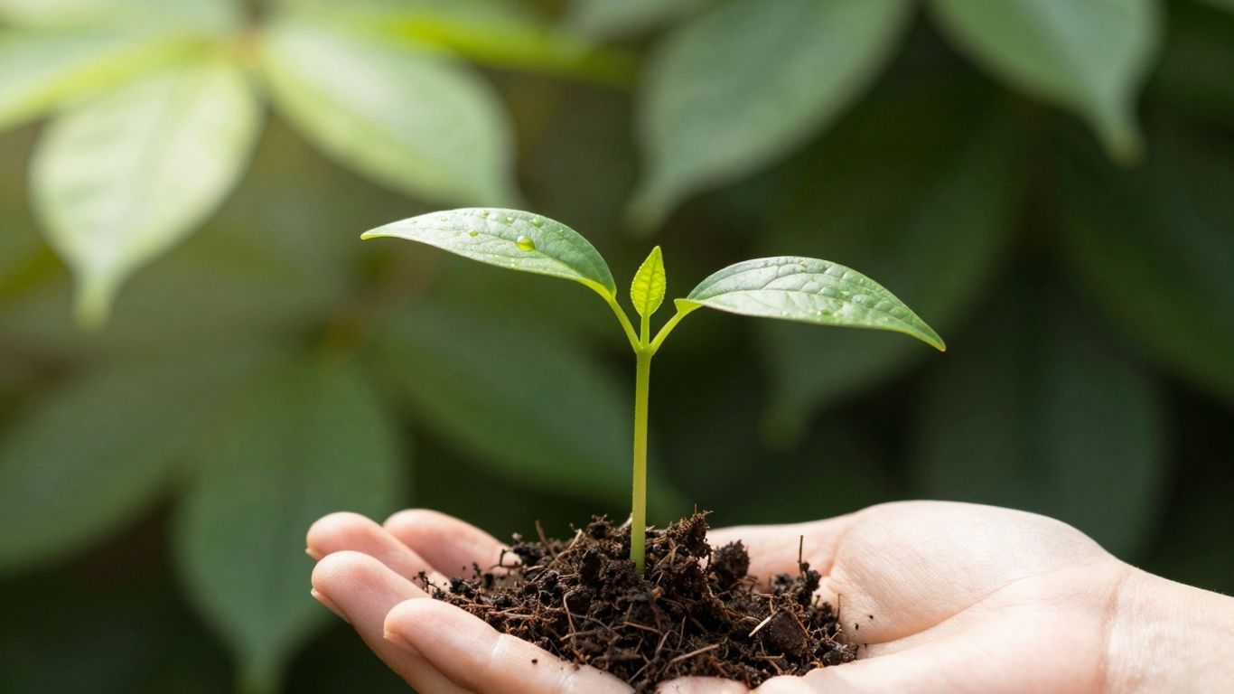 Seedling growing from a hand, symbolizing corporate sustainability.