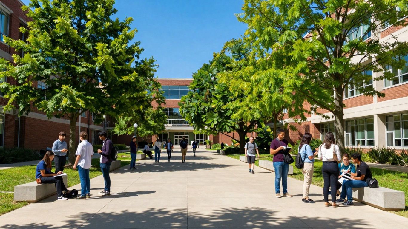 Students collaborating on a sunny university campus lawn.