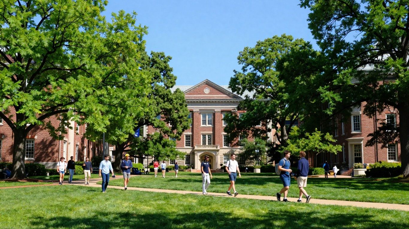 University of Michigan campus with students and trees.