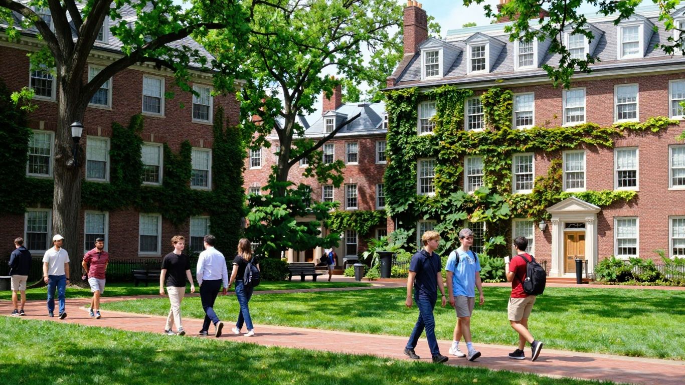 Harvard University campus with students and buildings.