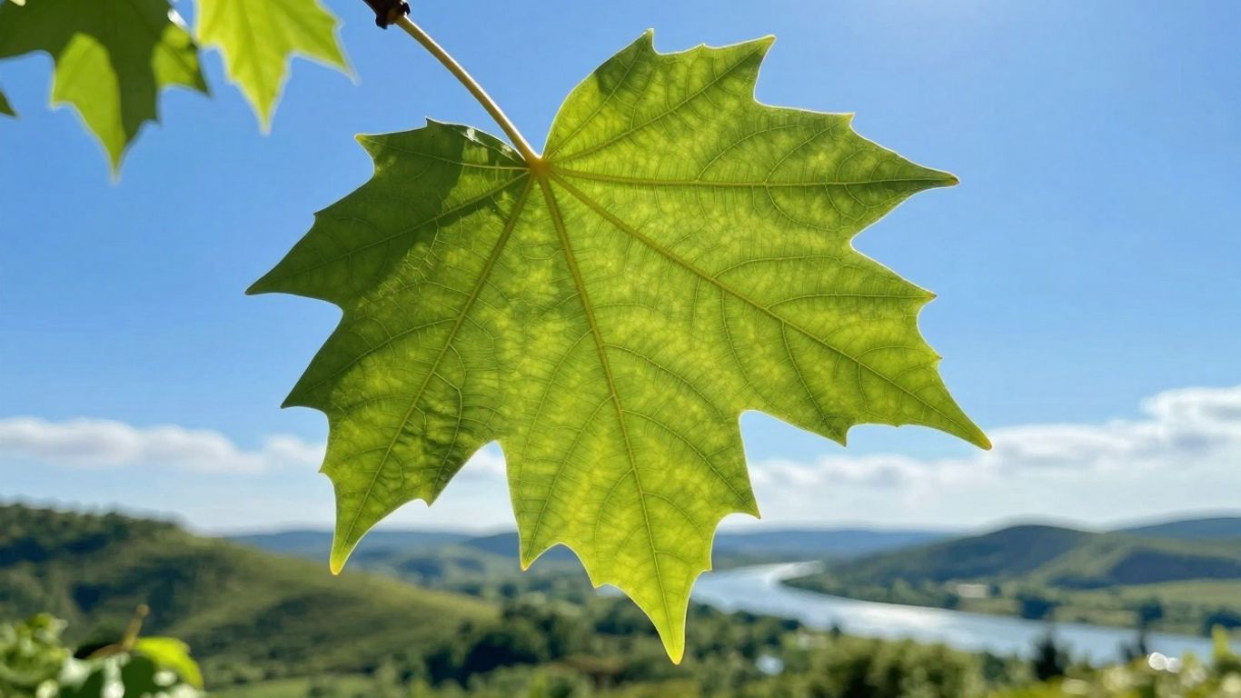 Green leaf against blue sky, rolling hills, river.