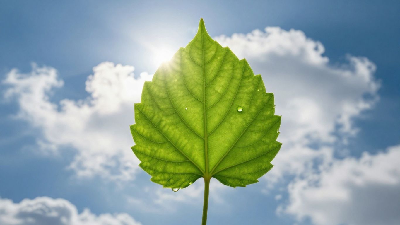 Green leaf with sunlight and clouds