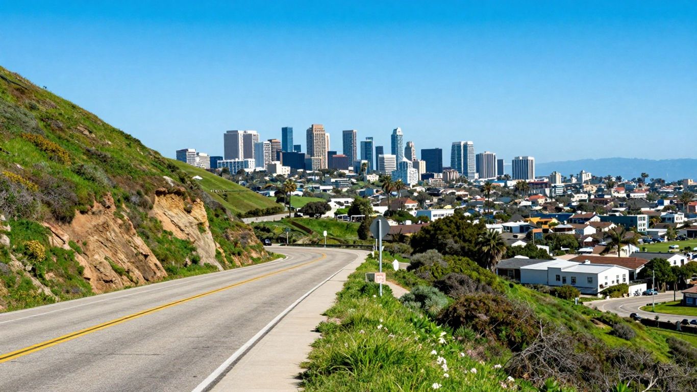 California coast, road, cityscape, hills, sky