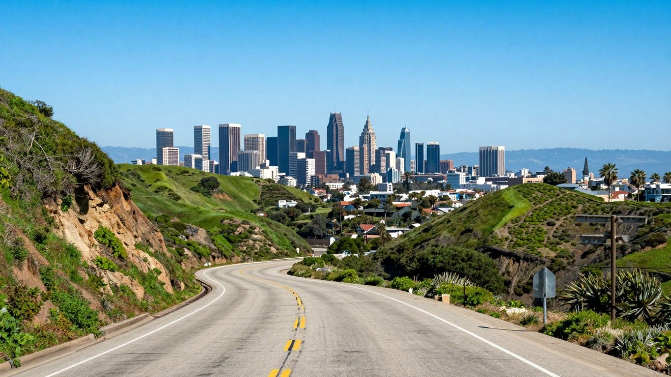 California coastline and city skyline under a clear sky.