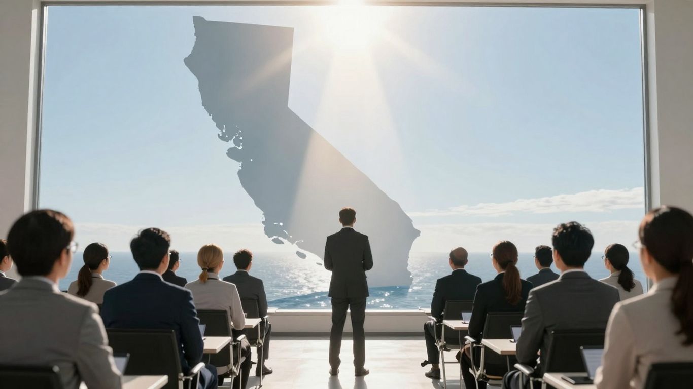 Business professionals looking at California coastline illustration.
