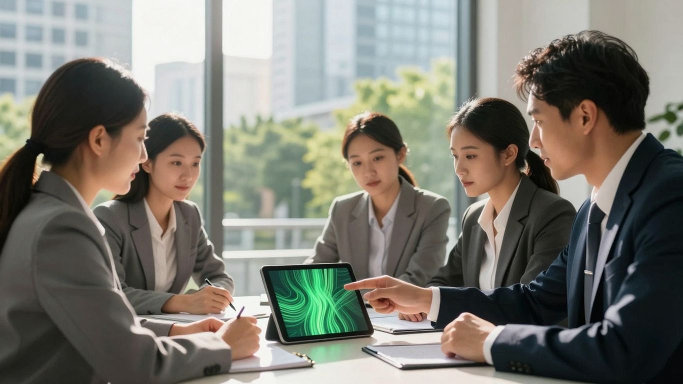 Corporate sustainability professionals collaborating in a bright, modern office.