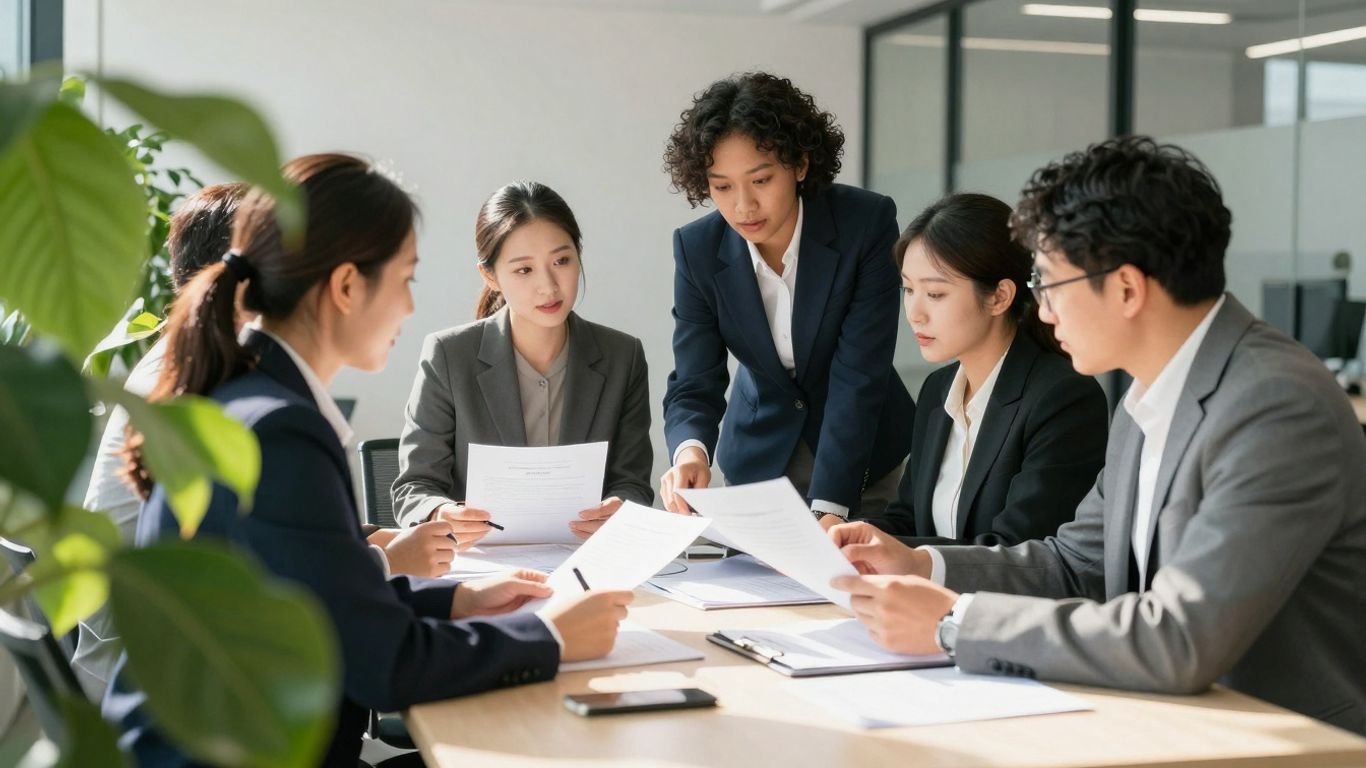 Professionals discussing corporate sustainability careers.