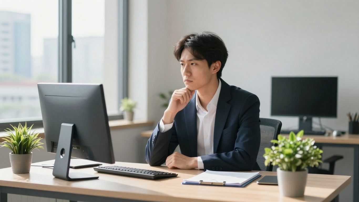 ESG analyst at desk with city view.