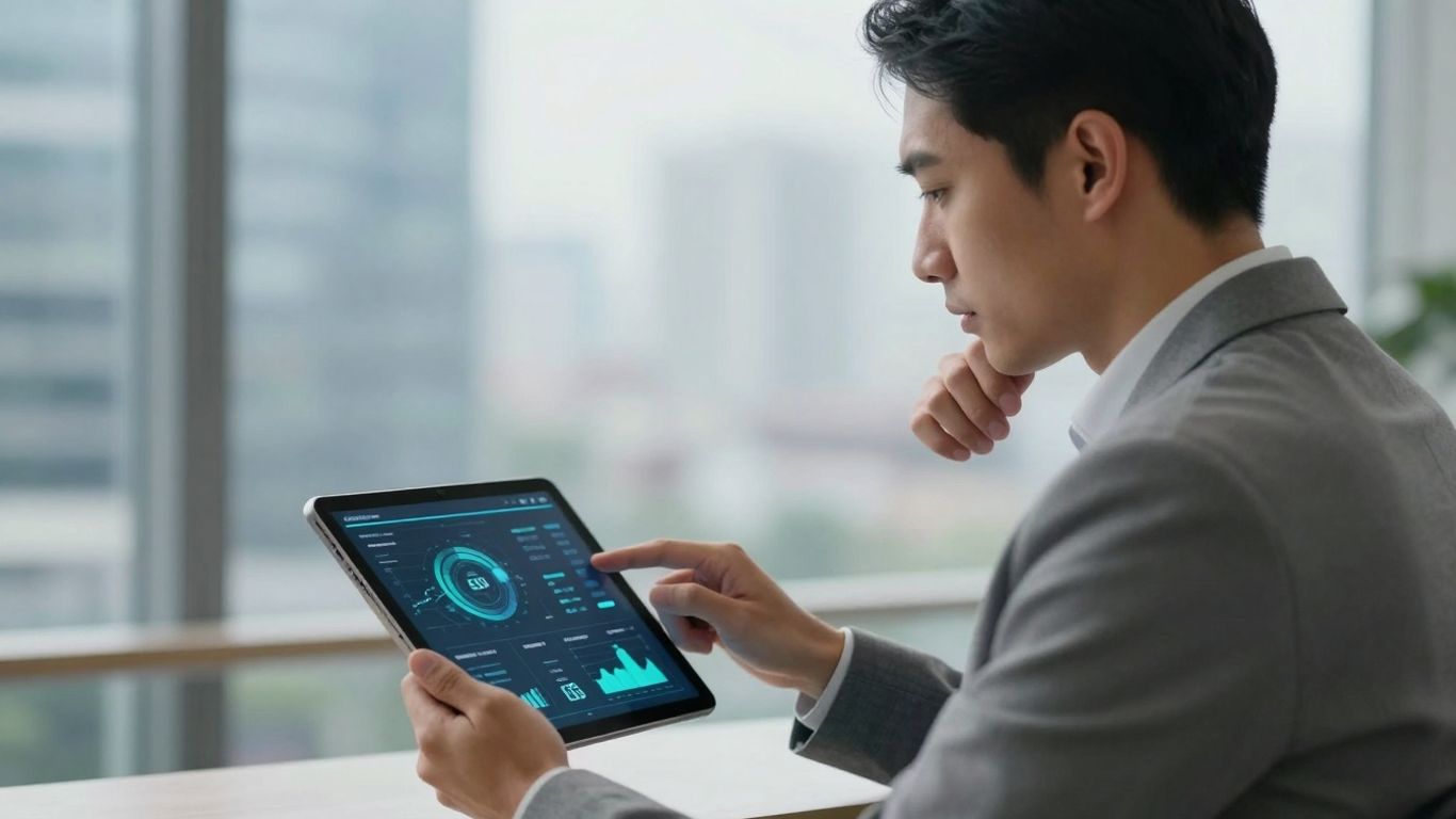 ESG analyst reviewing data on a tablet.