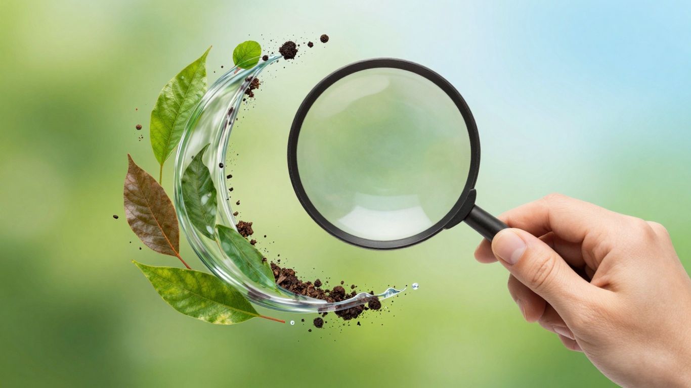 Magnifying glass over natural elements, ESG strategy.