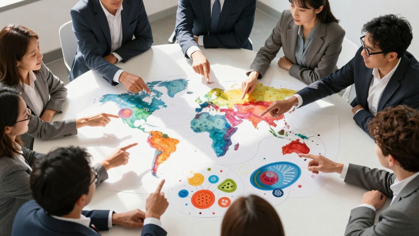 Professionals collaborating on a global strategy.