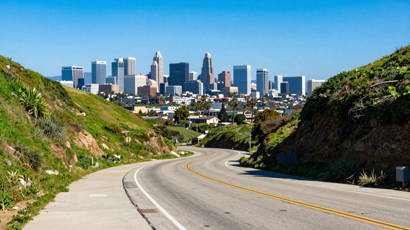 California coast and city skyline under a clear sky.