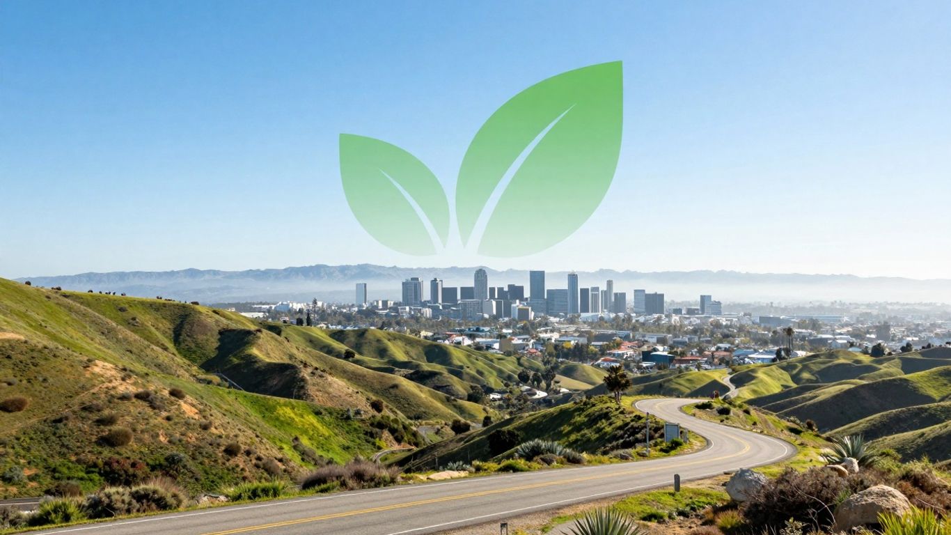 California landscape with green leaf motif and cityscape.