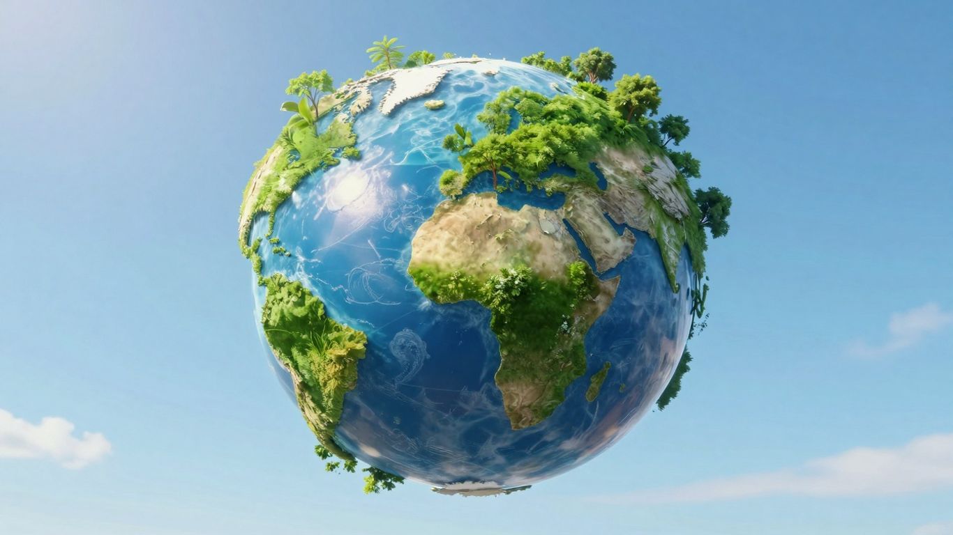 Green planet Earth in blue sky with trees and water.