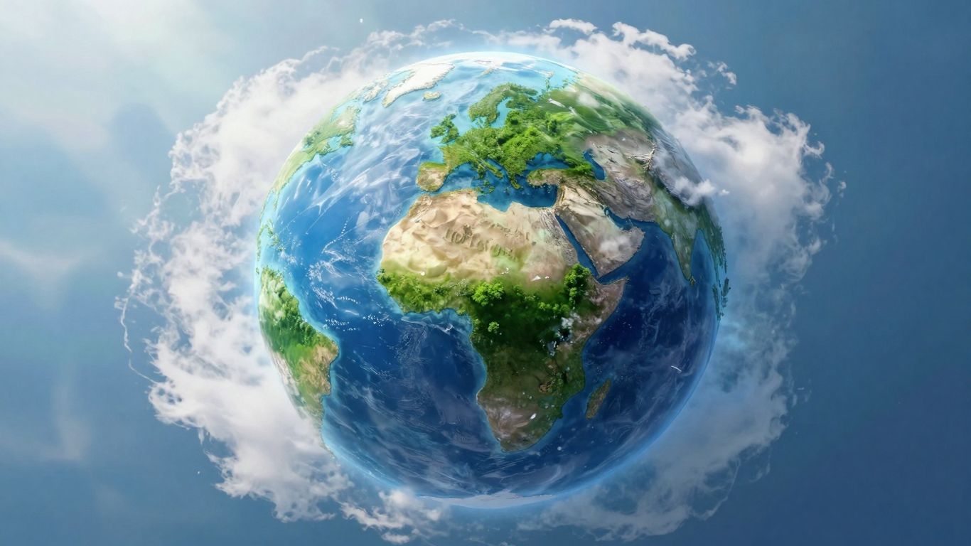 Green planet Earth with sunlight and clouds.