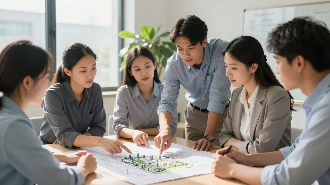 Team collaborating on sustainable city blueprint.