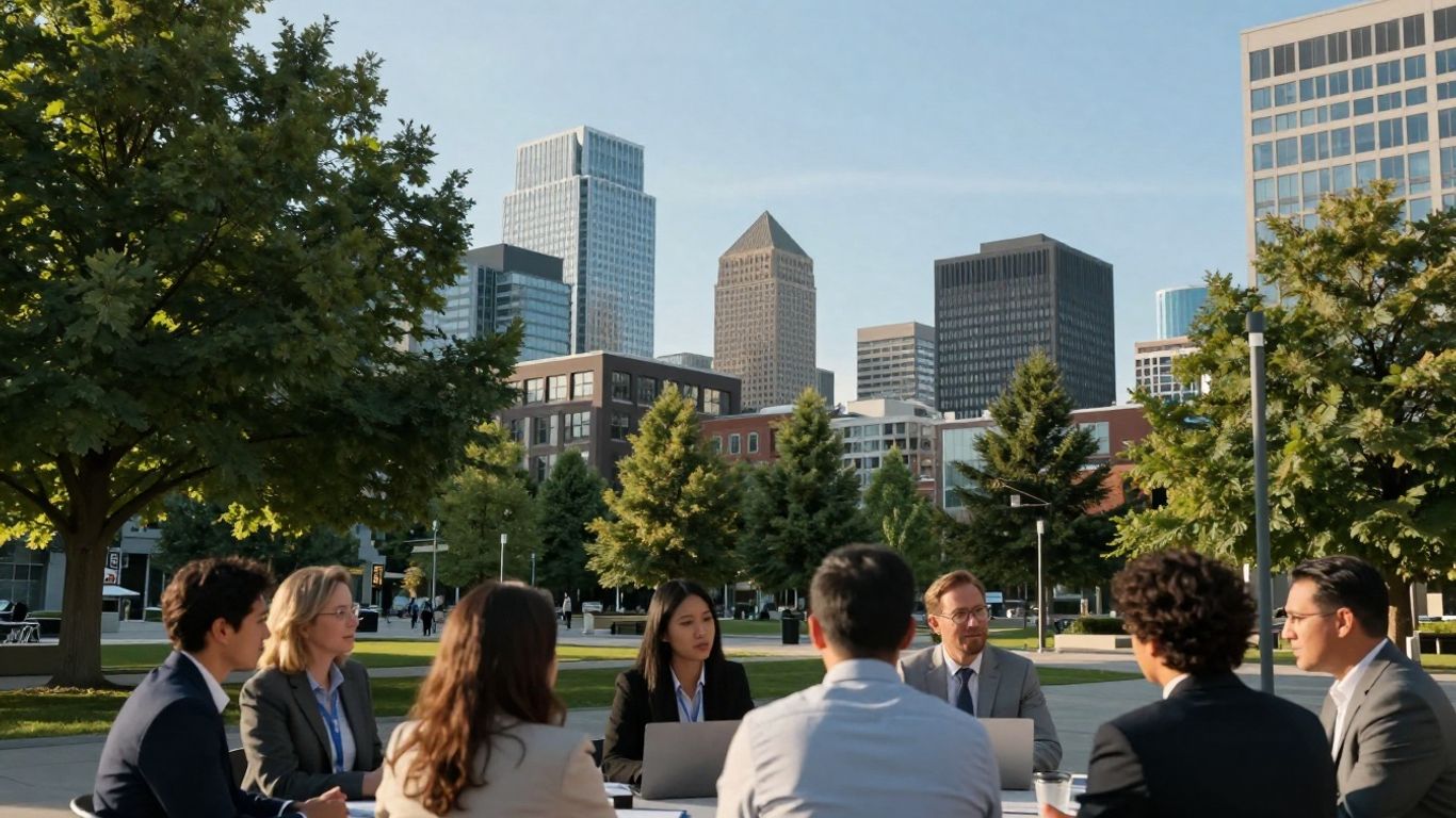 Waterloo cityscape with professionals collaborating.