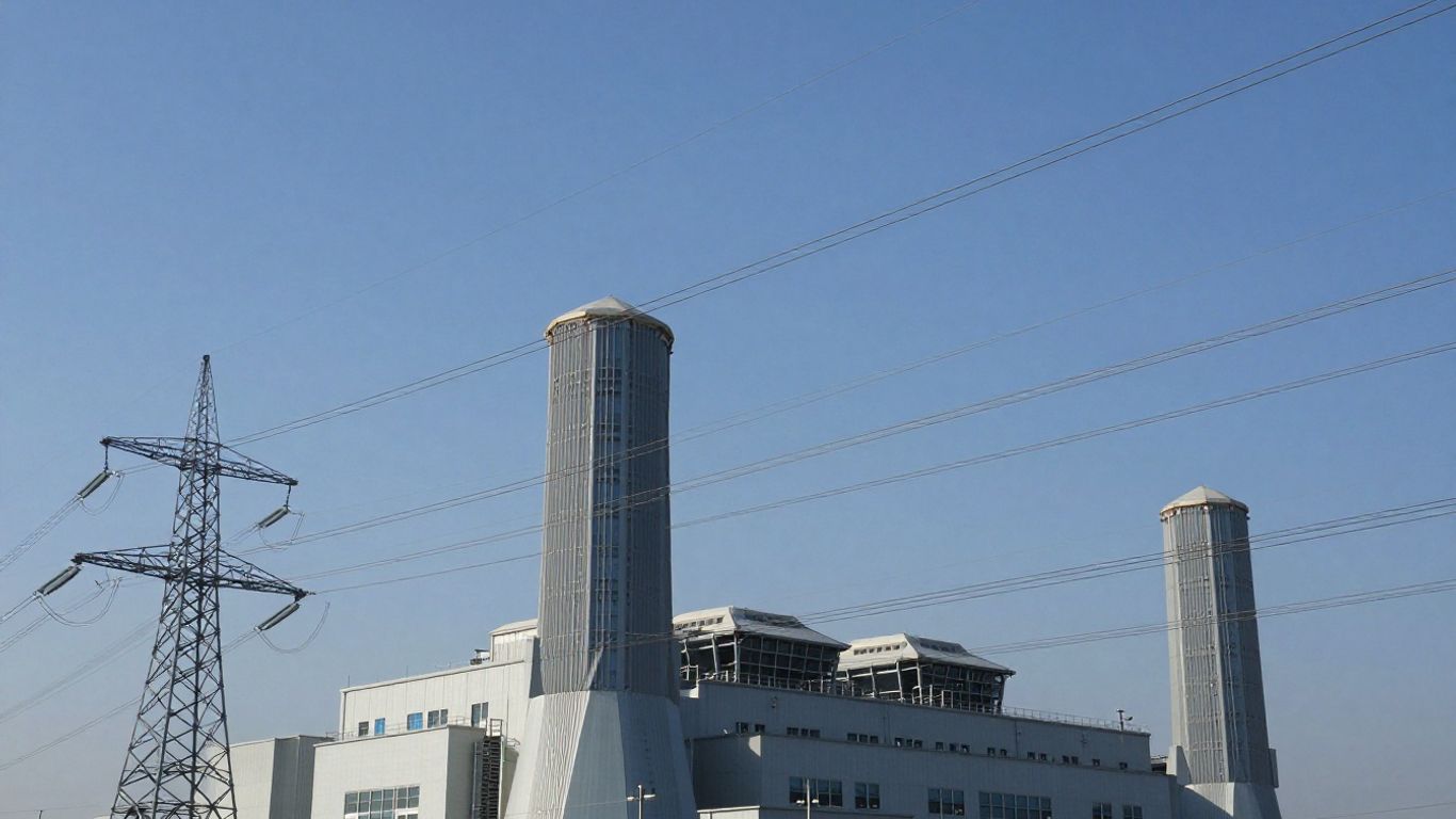 Power plant with electrical lines under sunlight.