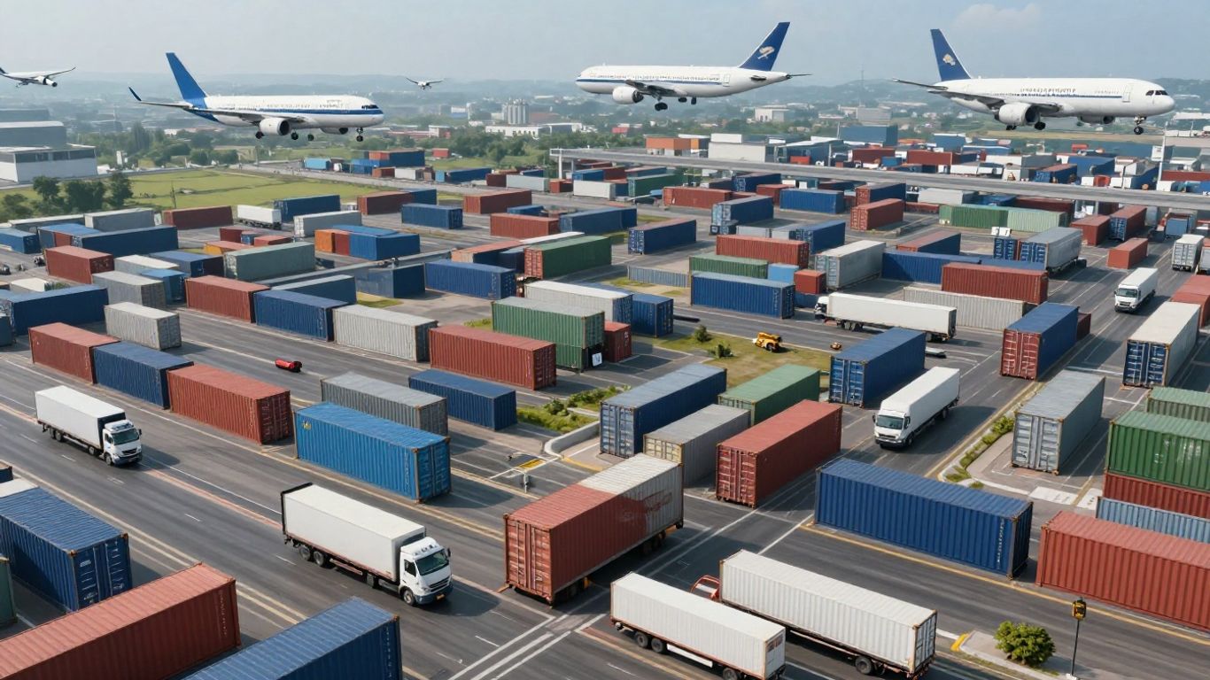 Global supply chain network with containers, planes, and trucks.