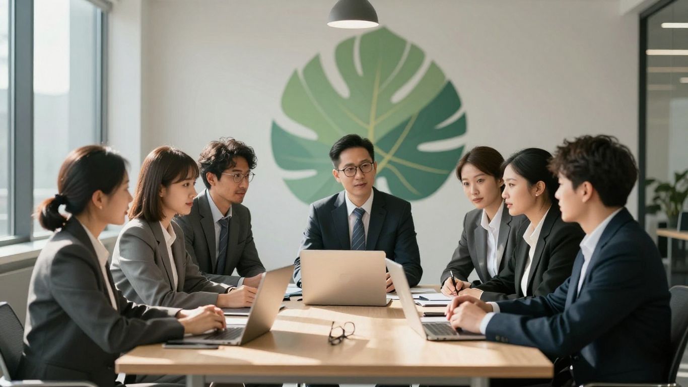 Professionals discussing sustainability in a modern office.