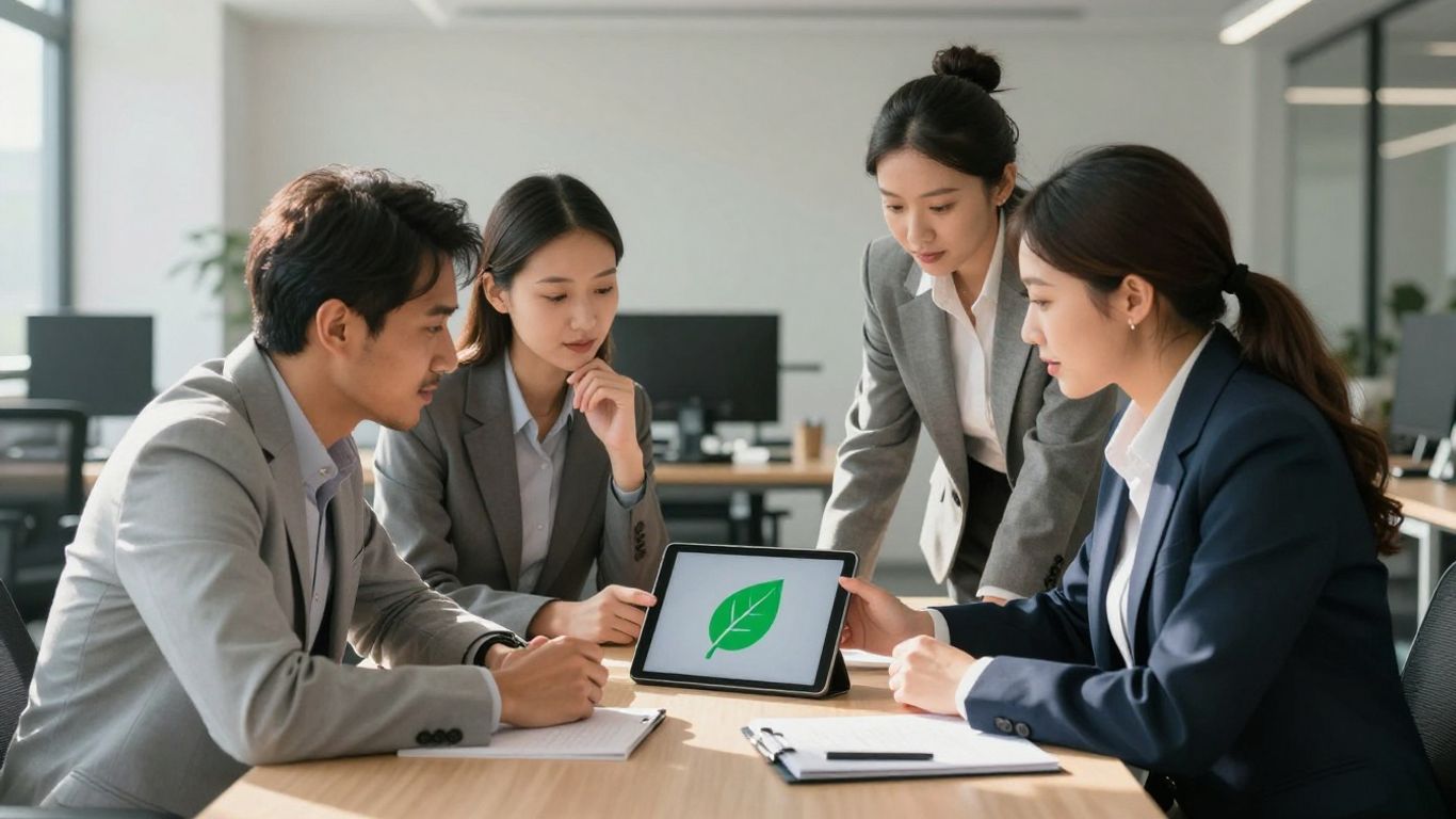 Professionals discussing sustainability in a modern office.