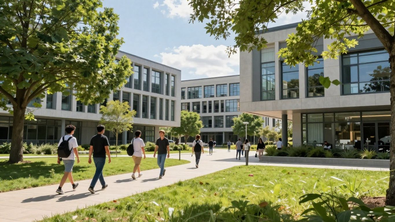 Columbia University campus with students and green spaces.