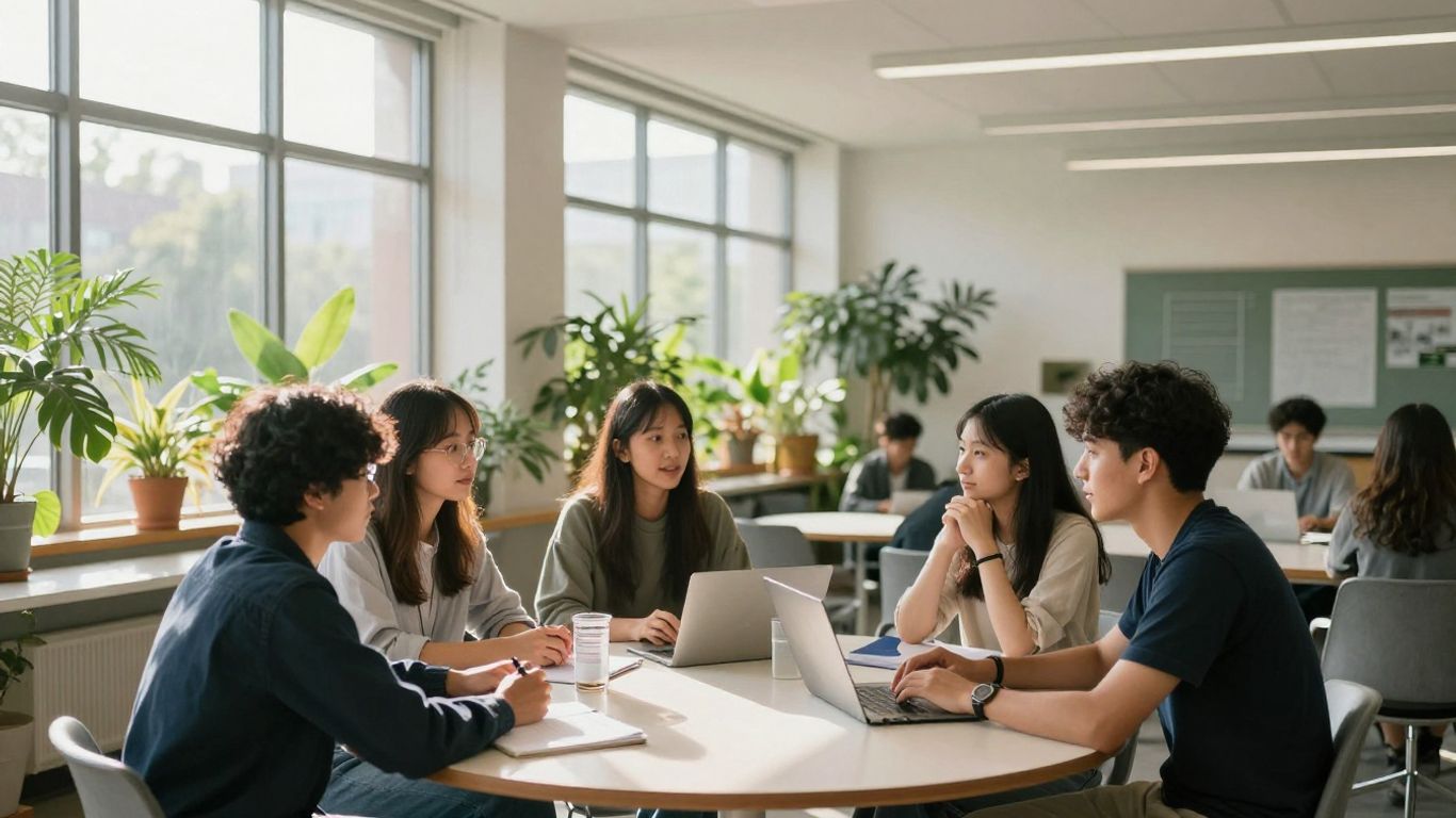 Students collaborating in a bright, modern classroom with plants.