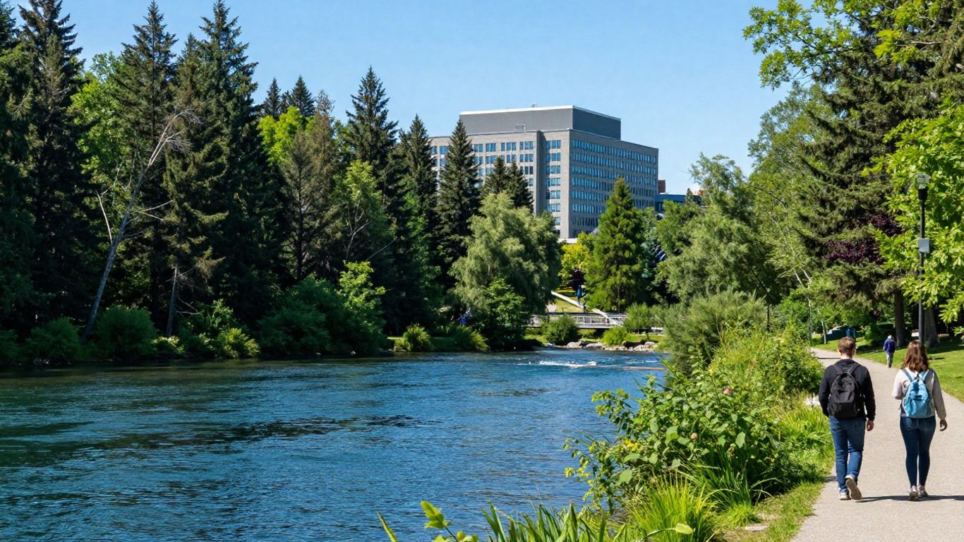 Canadian university campus with nature and students.