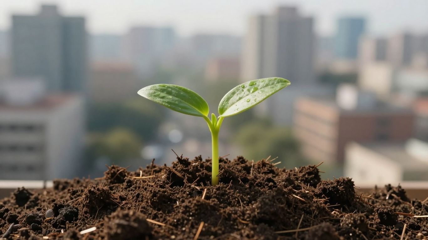 Green seedling growing from soil with city background.