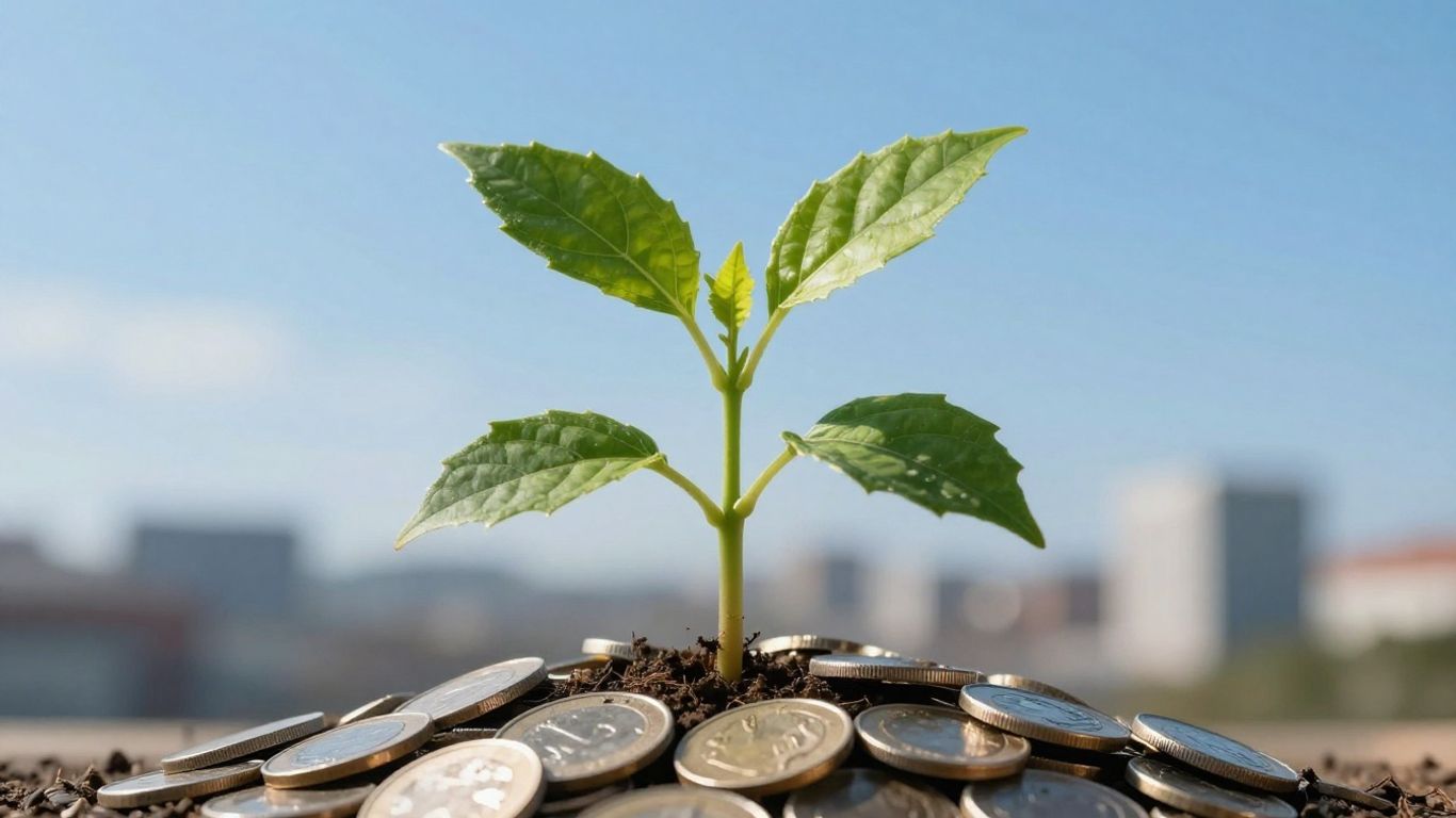 Green seedling growing from coins, symbolizing business growth.