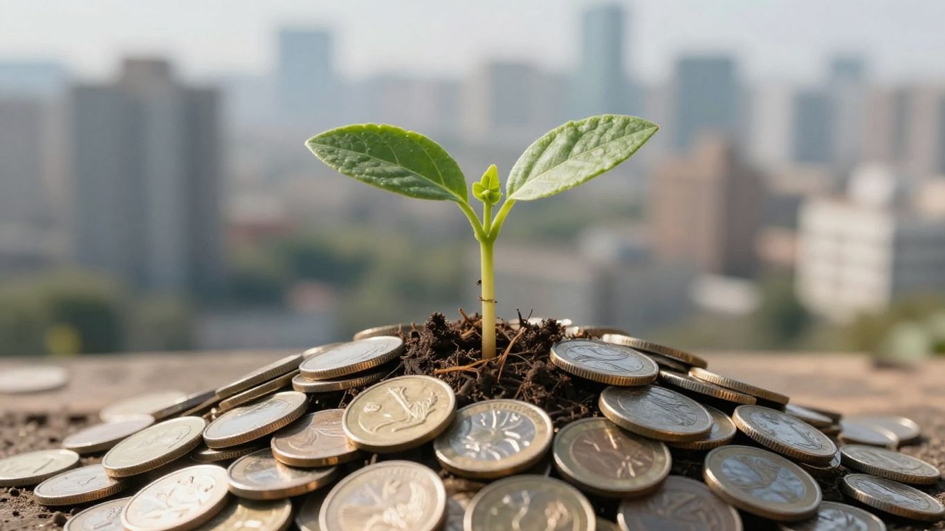 Green seedling growing from coins with cityscape background.