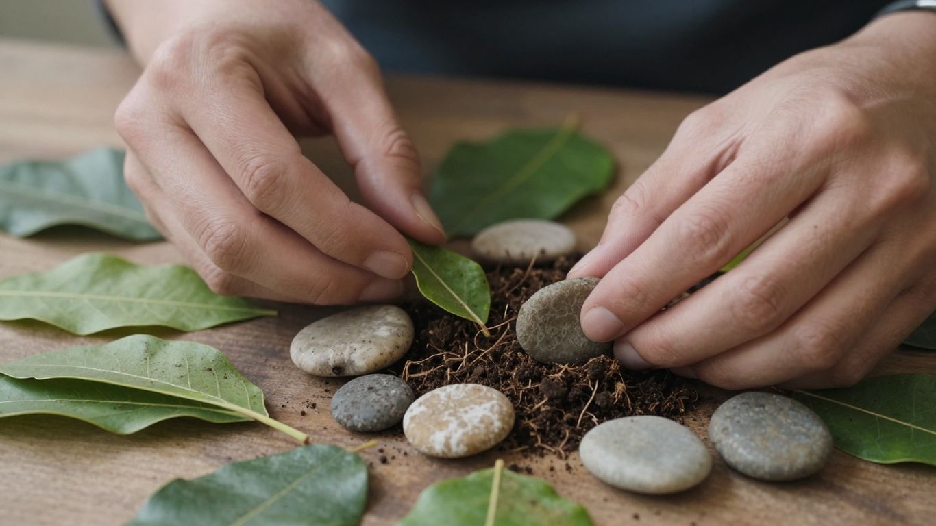 Hands arranging natural materials for assessment.