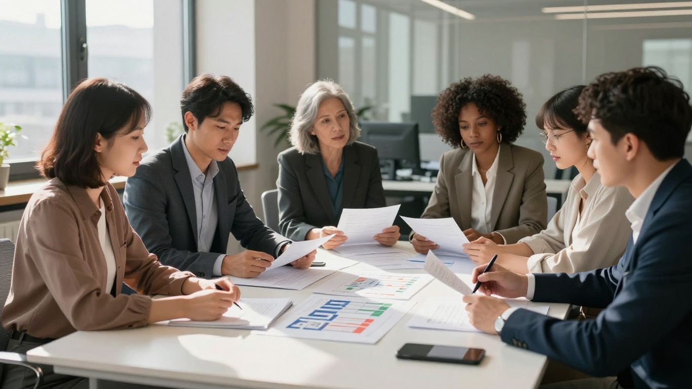 Professionals strategizing around a table with documents.