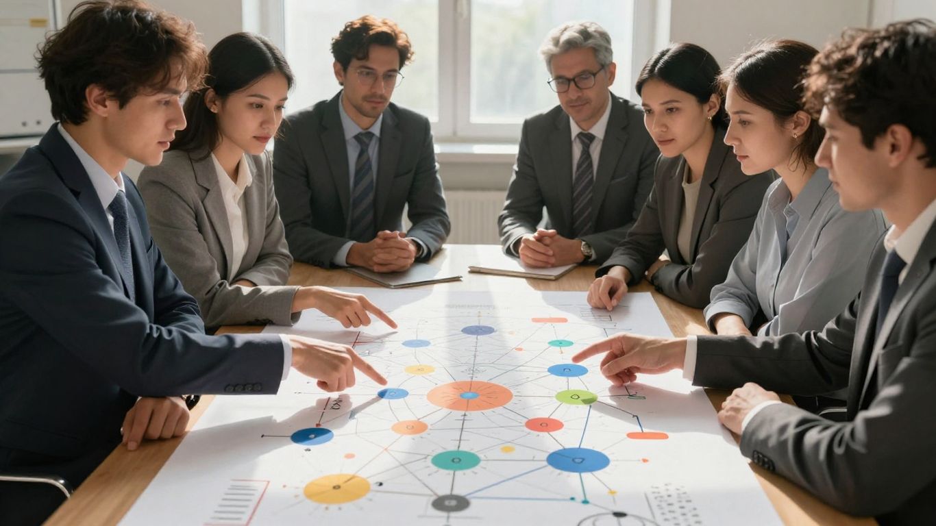Professionals analyzing a complex map of interconnected elements.