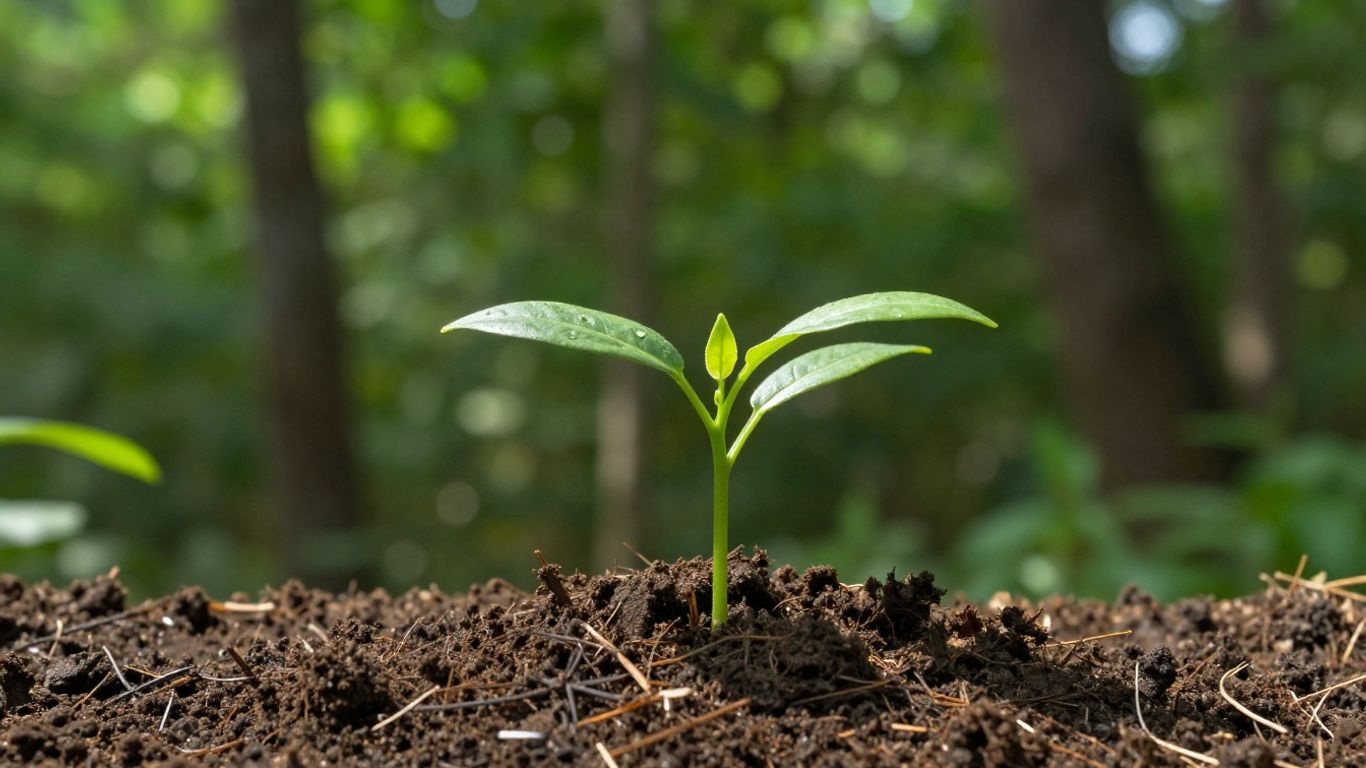 Green seedling growing in healthy soil with trees.