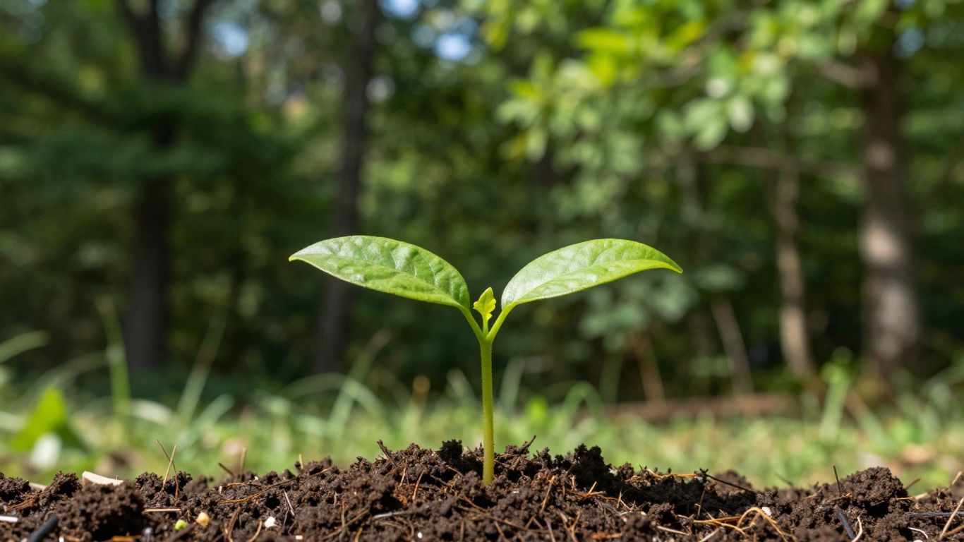 Green seedling growing in healthy soil with trees.