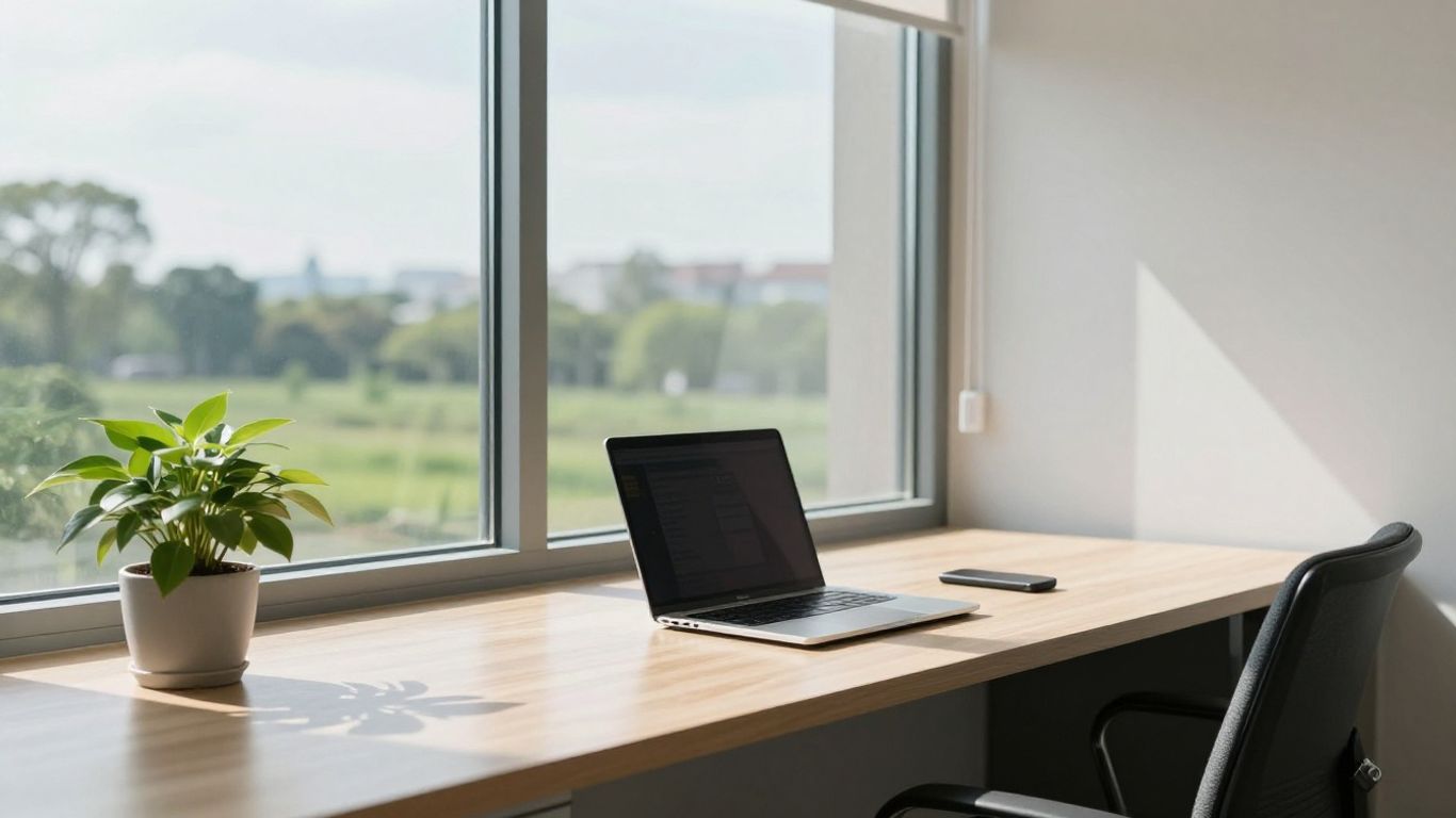 Office with green landscape view, symbolizing environmental management.