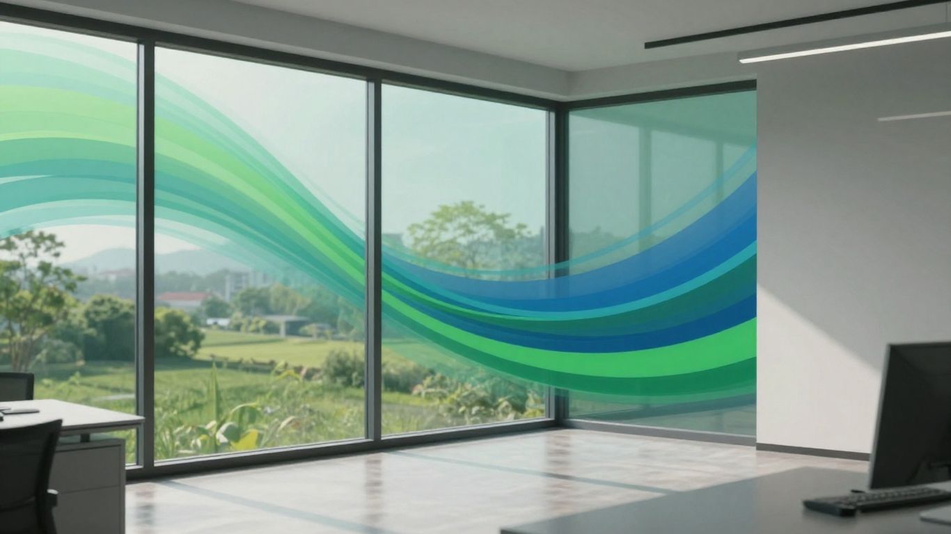 Green landscape visible through office window, abstract environmental swirl.