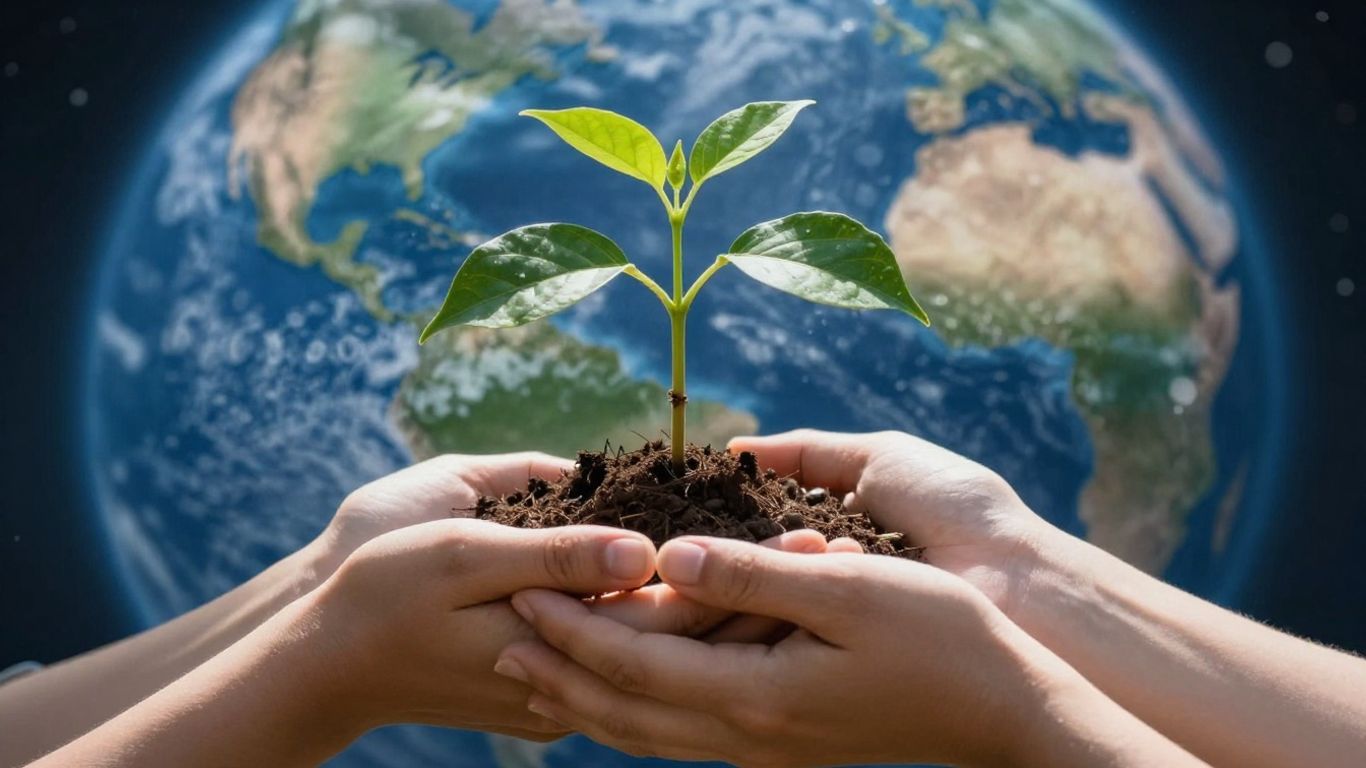 Hands holding a small plant with Earth in background.