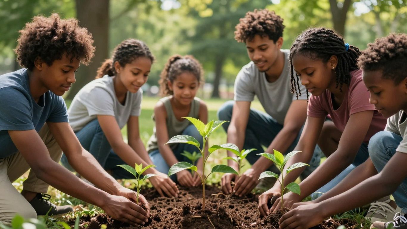 People planting trees in a sunny park.