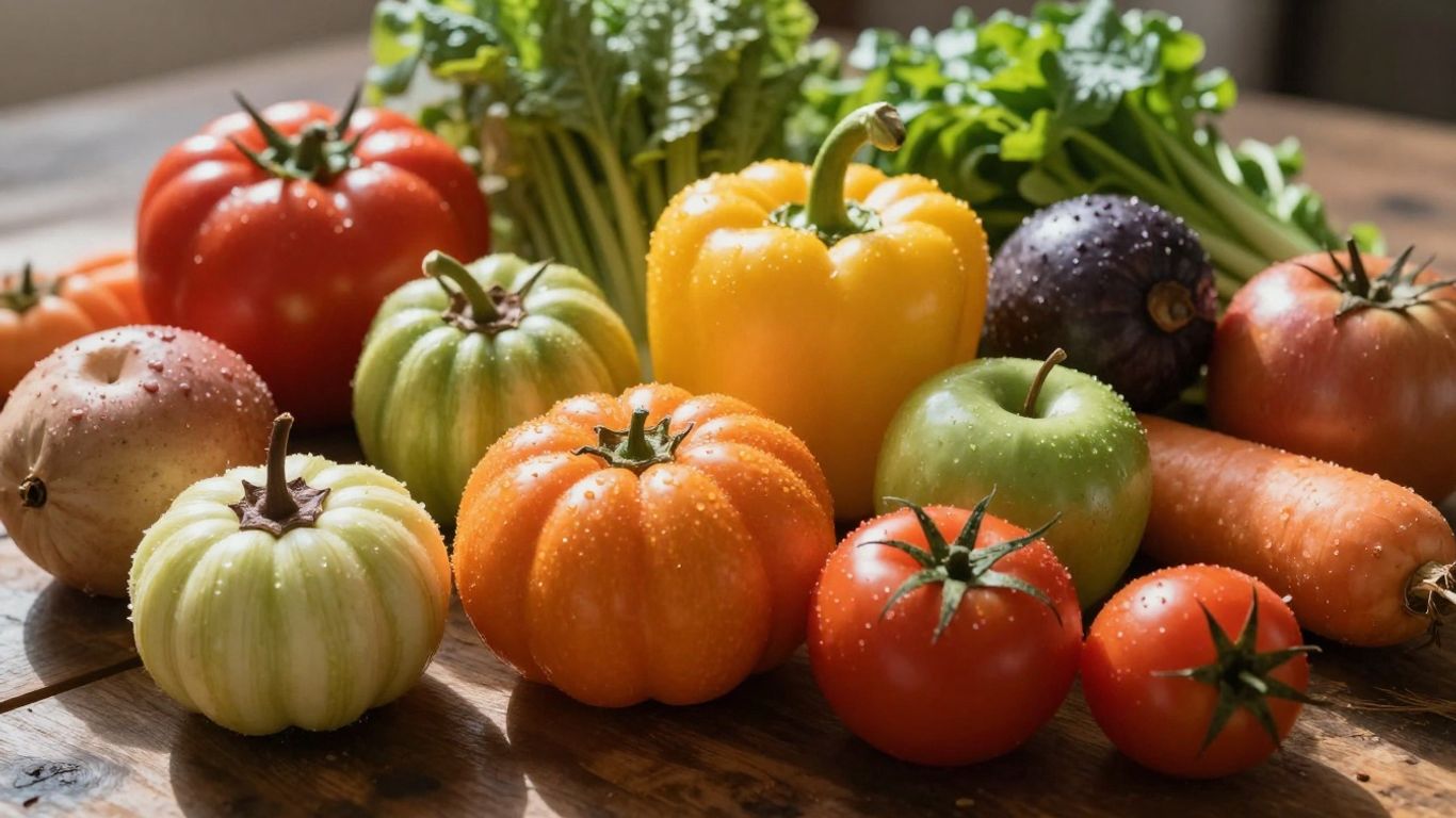 Fresh produce on a wooden table, healthy food choices.