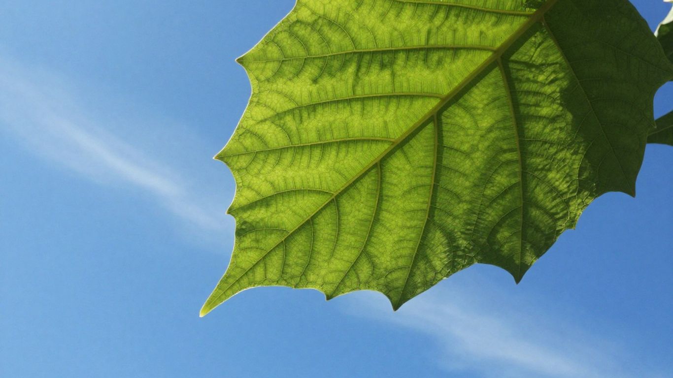 Green leaf against blue sky, symbolizing carbon neutrality.
