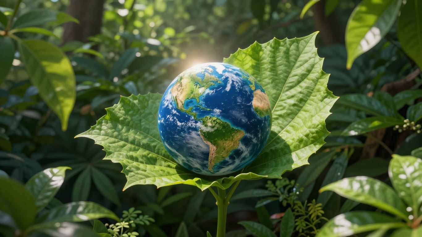 Green leaf holding a small Earth with sunlight.